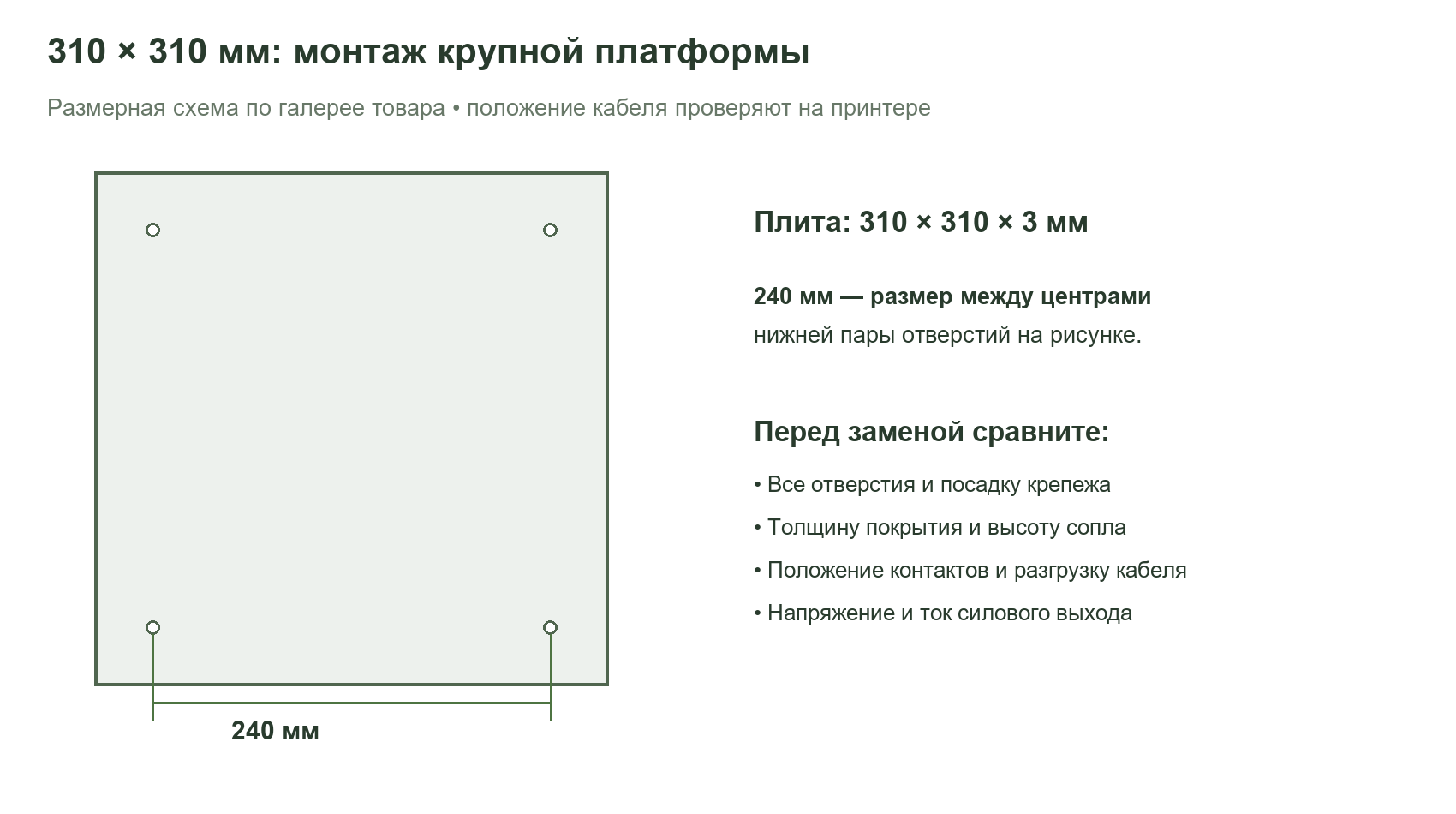 Схема плиты 310 на 310 миллиметров и нижнего межосевого расстояния крепежа 240 миллиметров