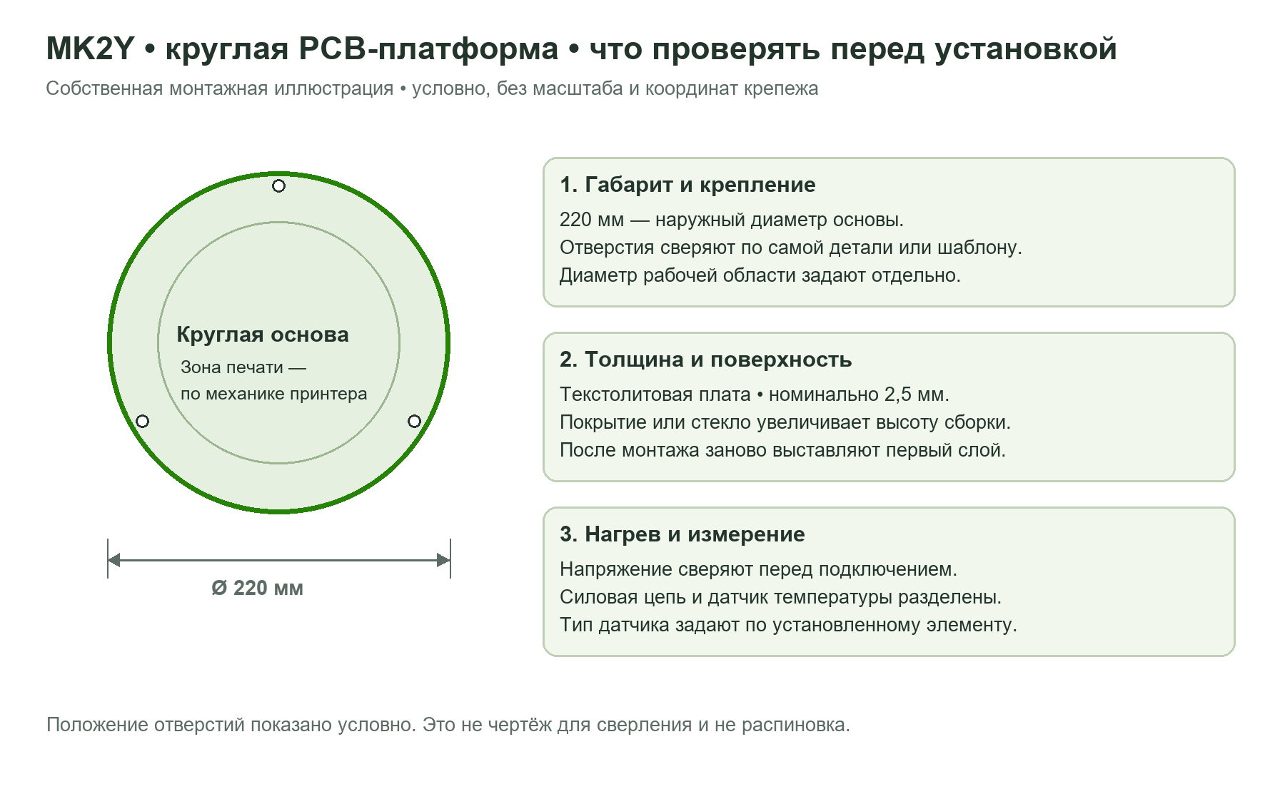 Круглая плата MK2Y: наружный диаметр 220 мм, три точки крепления и отдельная проверка датчика