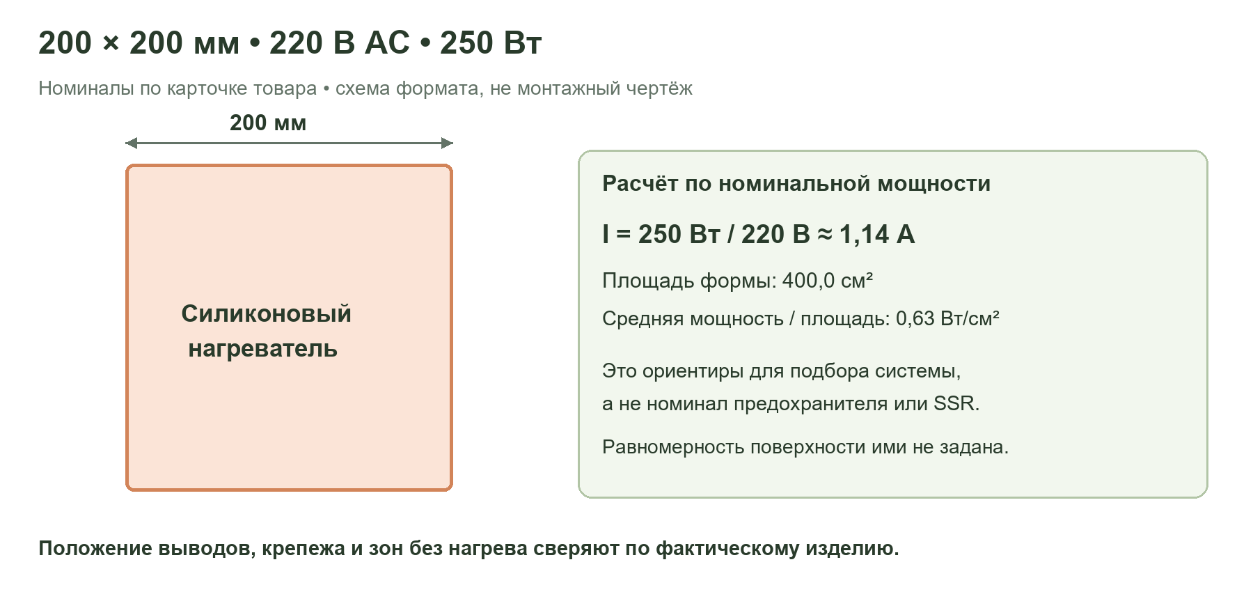 Схема формата нагревателя 200 × 200 мм, 220 В, 250 Вт с расчётом тока