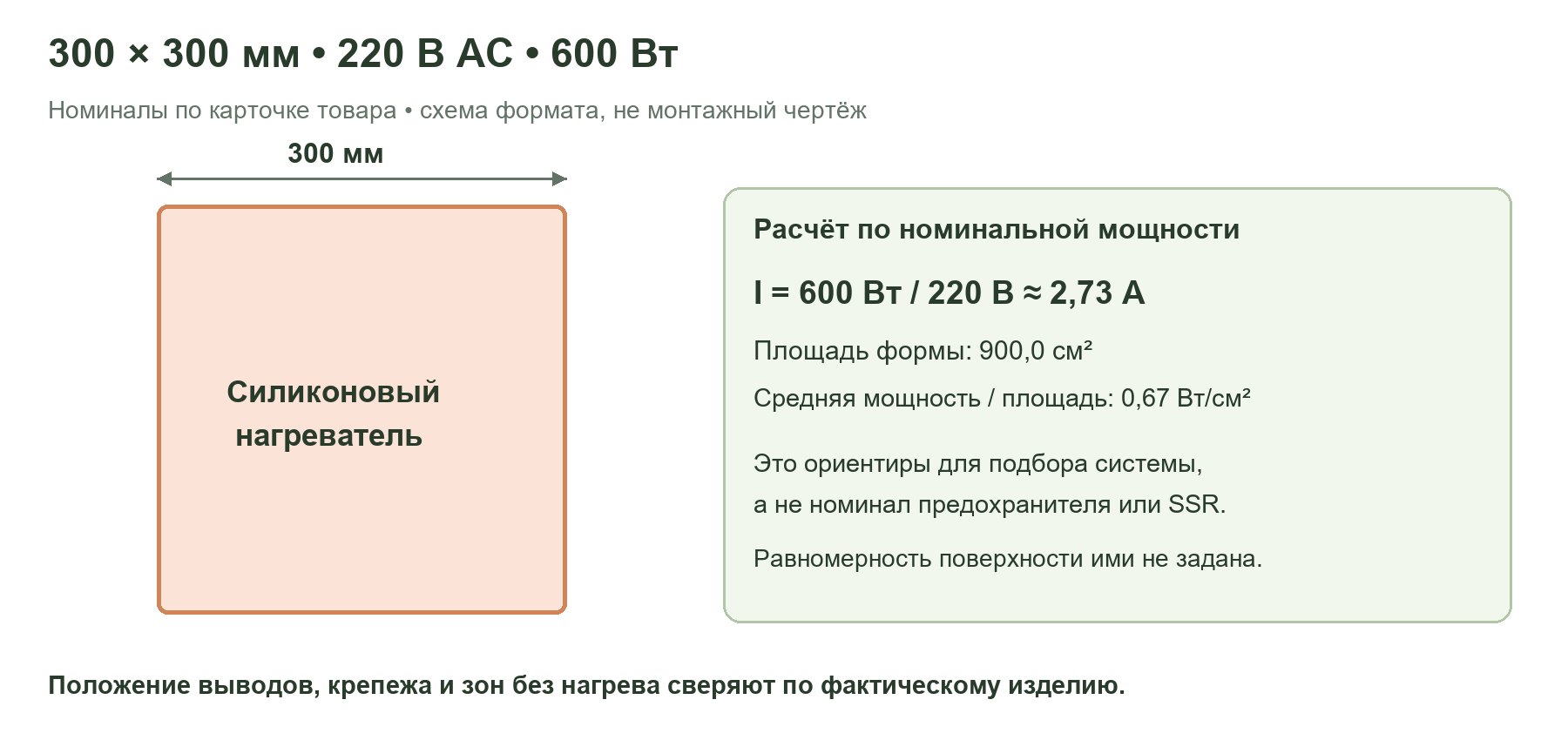 Схема формата нагревателя 300 × 300 мм, 220 В, 600 Вт с расчётом тока