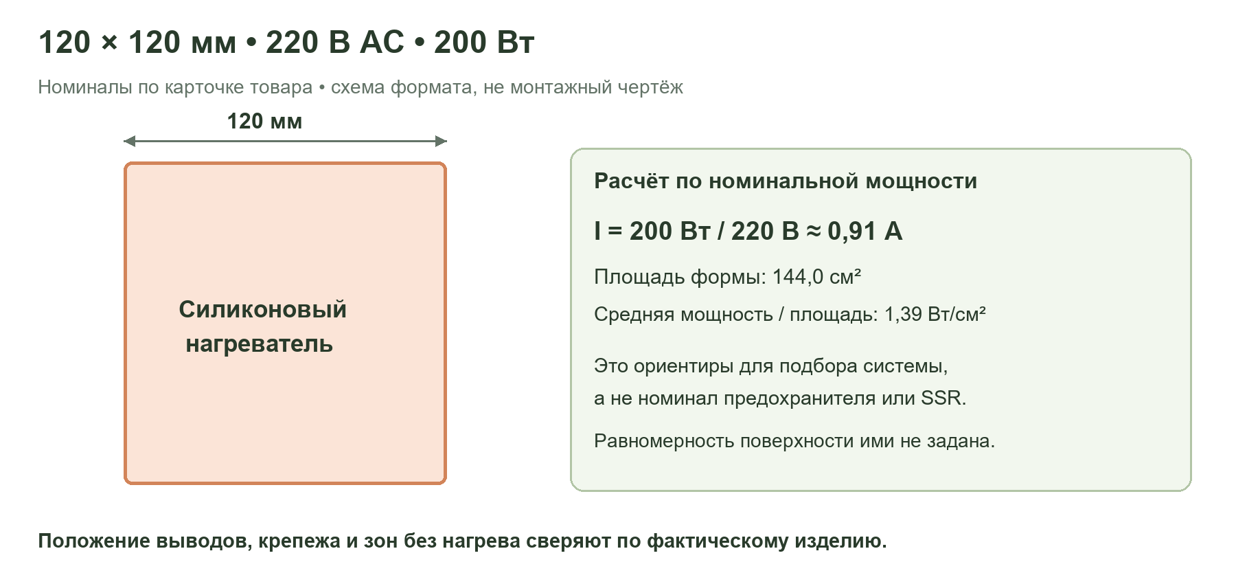Схема формата нагревателя 120 × 120 мм, 220 В, 200 Вт с расчётом тока