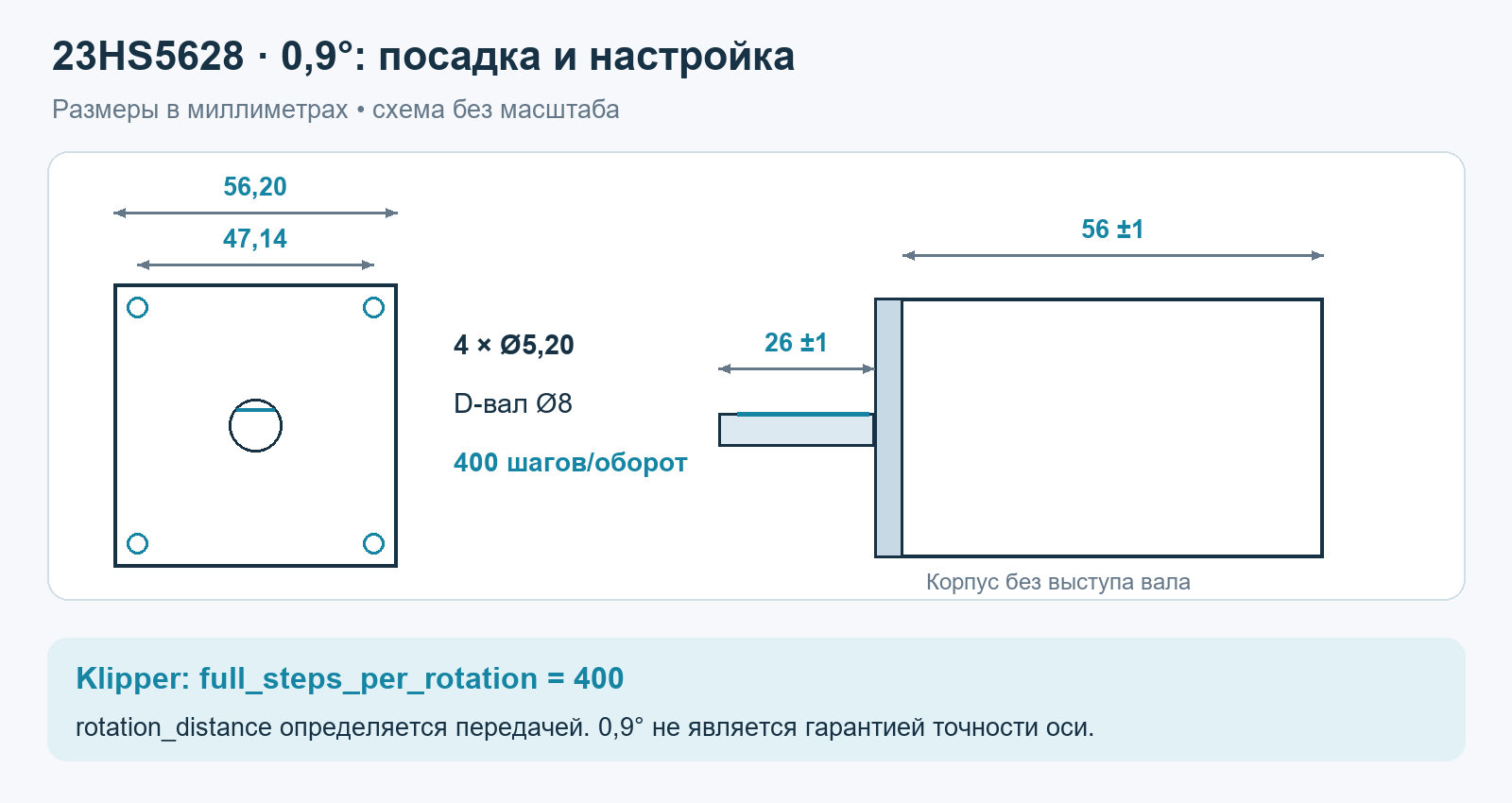 NEMA23: фланец56,2мм, крепление47,14мм, вал8мм и400шагов