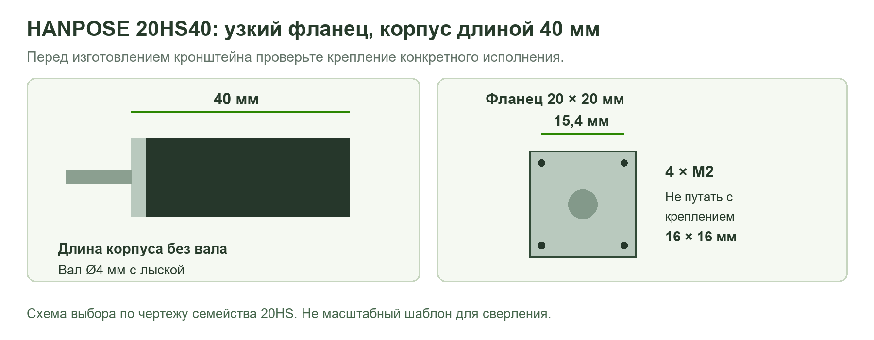 Схема20HS40:корпус40мм,фланец20мм,крепление15.4мм,вал4мм